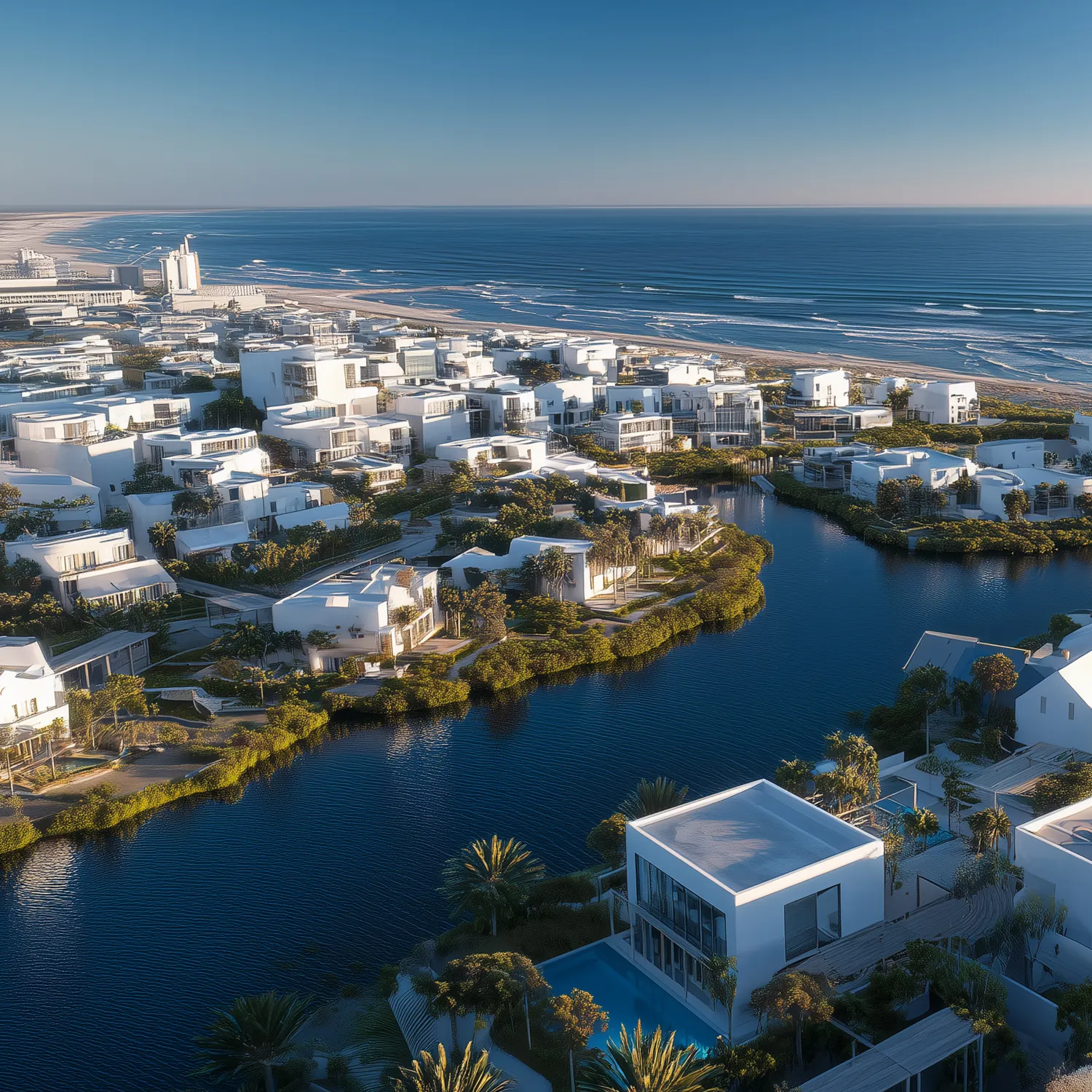 Aerial render of EcoVision Velddrif, a green energy smart city running on 100% renewable power